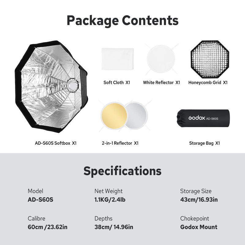 Godox AD-S60S Softbox, Portable Godox Mount Softbox, 60cm/23.6inch Soft Box with Grid for AD400 Pro II AD300 Pro Strobe Flash and ML60 ML60Bi ML60II Bi ML100R ML100Bi LED Light