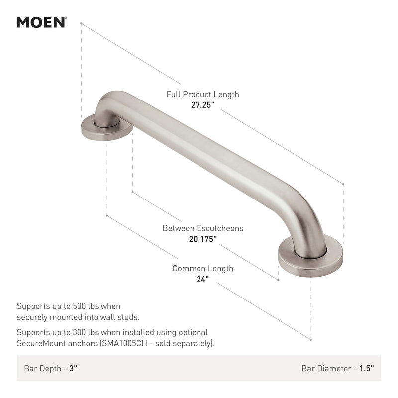 Moen Matte Black 24-Inch Stainless Steel Bath Safety Grab Bar with Concealed Screws, R8924BL