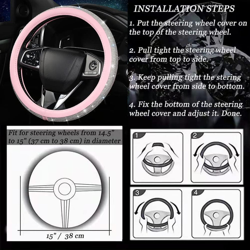 Steering Wheel Cover Women Pink Bling Diamond Steering Wheel Cover, Leather Cute Steering Wheel Covers with Crystal Rhinestones, Breathable, Anti-Slip Universal Fit 14.5-15 Inch Bling Car Accessories White Pink