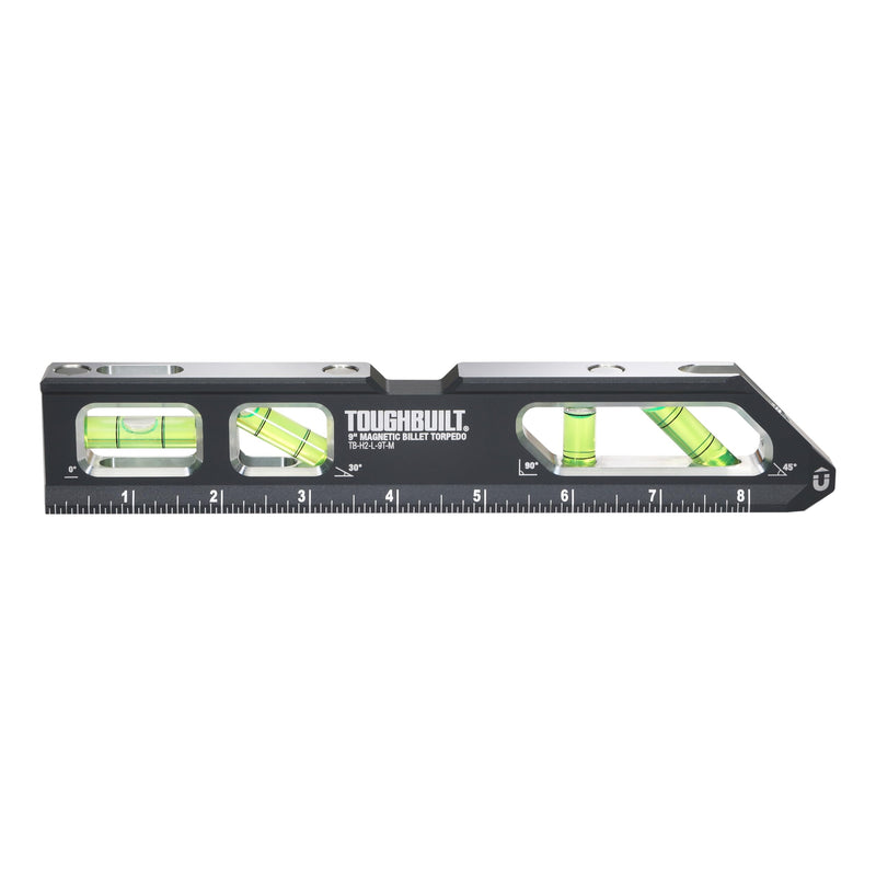 ToughBuilt – 9" Magnetic Billet Torpedo Level, Precision Machined Aluminum Level with Rare Earth Magnets, V-Groove Base, Laser-Etched Markings, Shockproof End Caps Professional Accuracy (TB-H2-L-9T-M)