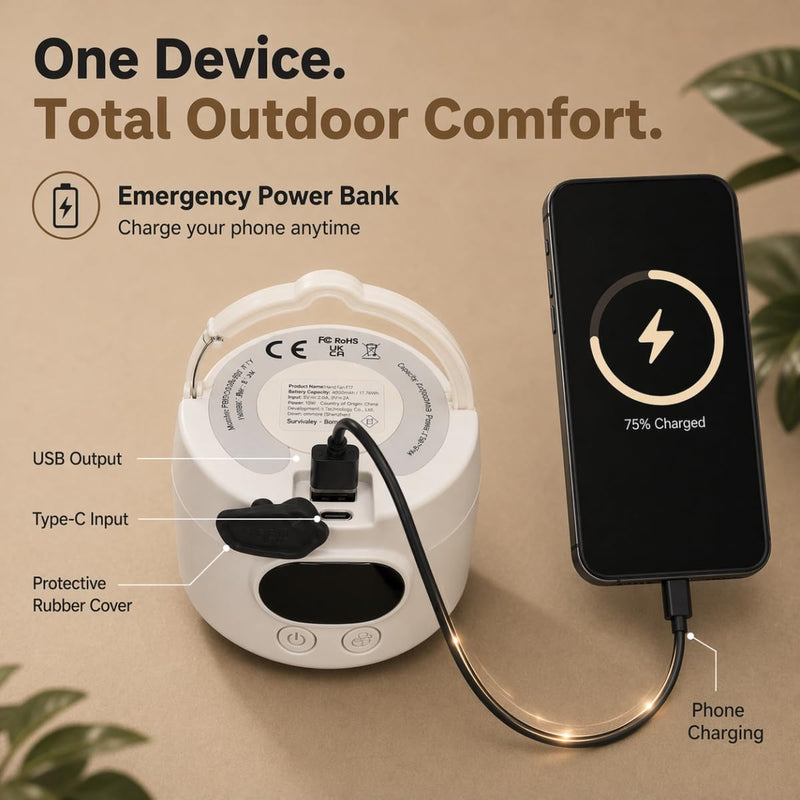 Camping Tent Fan with Light, Rechargeable Hanging Fan with Remote | 10400mAh Rechargeable Battery, USB-C Charging, 3 Speeds, Timer, LED Light, Tent, RV & Outdoor Use White