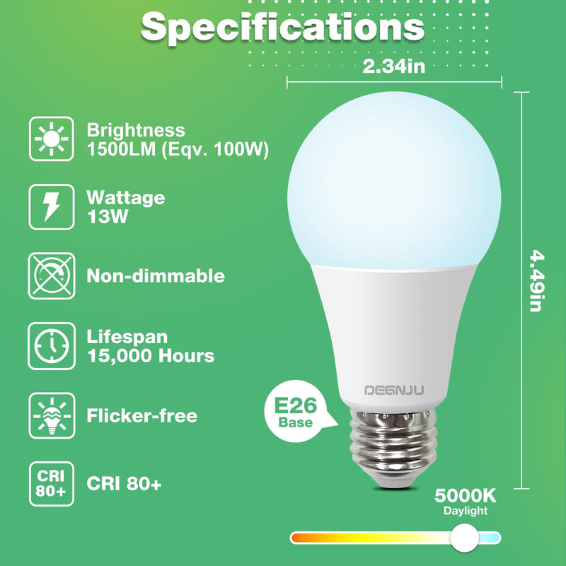 DEGNJU Light Bulbs, 100 Watt Equivalent LED Bulbs A19, 5000K Daylight Light Bulbs, E26 Standard Base, 1500 Lumens, Non-Dimmable, 13W Bright White LED Bulb for Bedroom Home Office, 24 Pack 100w-daylight