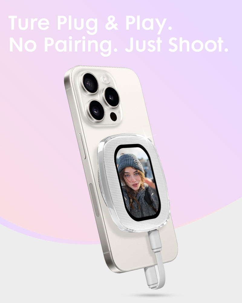 Yatao Mini Selfie Monitor Screen for iPhone, Plug & Play with Mirror | Magnetic Back Camera Monitor for TikTok & YouTube, Snap Selfie Vlog Photo & Video Kit, Battery-Free, White