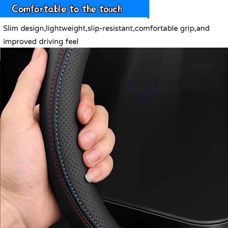 Kakash Custom Interior Accessorie for Mitsubishi Outlander Outlander PHEV Steering Wheel Covers Non-Slip Sporty Racing Faux Leather Ergonomic Comfortable Handle 1Pcs/Set(Red Stitching+Blue Stitching) Red stitching+blue stitching