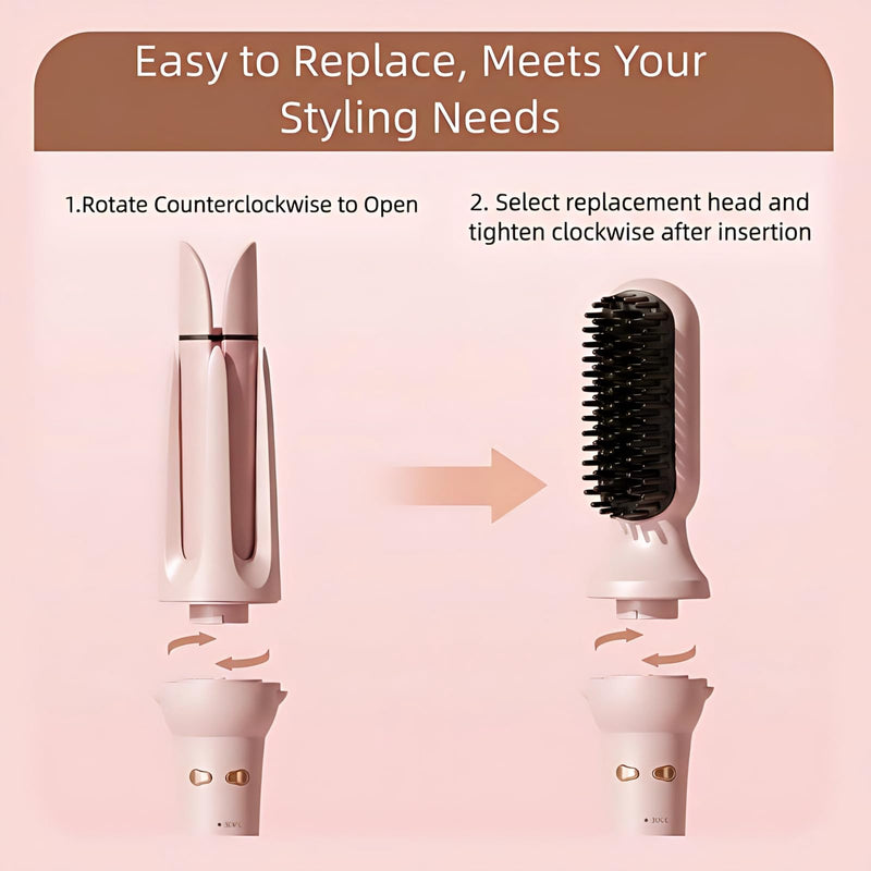 3-in-1 Hair Curler Automatic Rotating, Ceramic, ions | 32mm curls & 36mm waves, Straightener brush, Auto-rotate, tangle-free, 4 heat settings for all hair types Pink