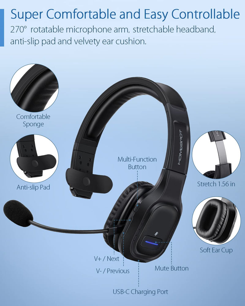 JM100 Trucker Bluetooth Headset with AI Noise Canceling, Wireless Headset with Rotatable Microphone and Big Mute Button, 34 Hrs Talk Time for Trucking, Home Office, Call Center