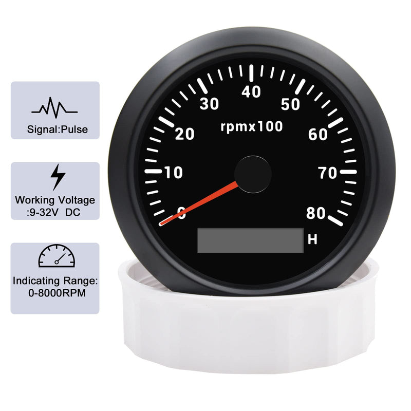 KAOLALI Tachometer Gauge Waterproof 85mm 3-3/8" Tachometer Automotive Replacement Tachometers 0-8000 RPM Tacometro Meter for Car Auto Boat Truck 9-32V 7 Colors Backlit 8000RPM-Black