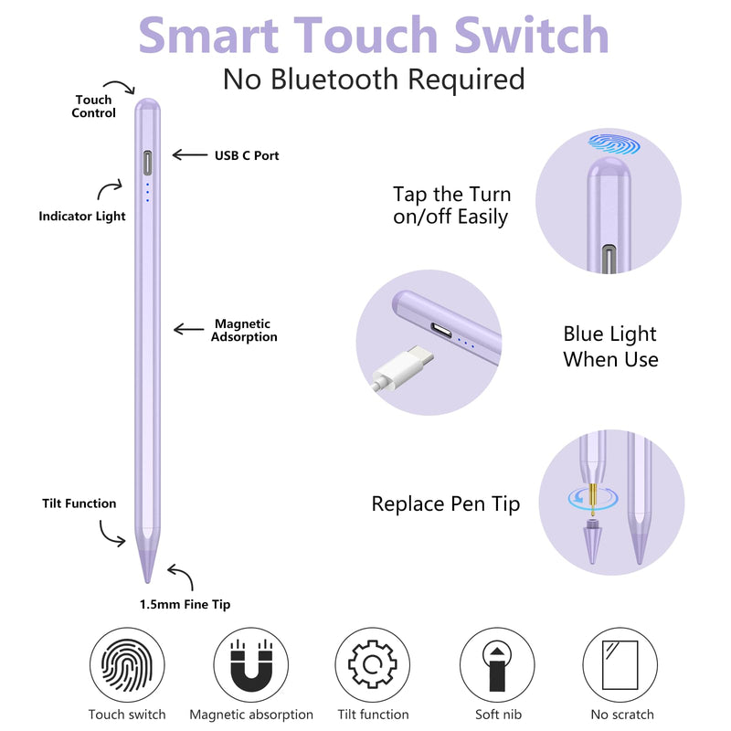 Apple Pencil for iPad 10th Generation, Stylus Pen for iPad (9/8/7/6) th Gen, iPad Pro Pencil Rechargeable, Palm Rejection - High Sensitivity with 5 replaceable Pen tips, for All iPads in 2018-2024 Purple