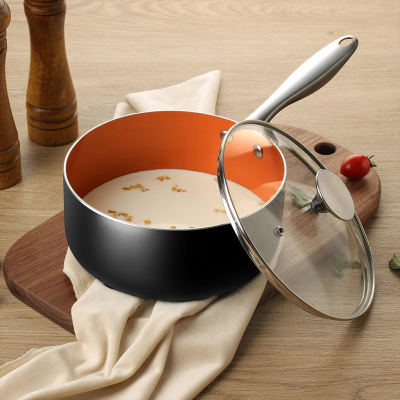 MICHELANGELO 1 Quart Saucepan with Lid, Ultra Nonstick Ceramic Sauce Pan with Lid, Small Pot with Lid, 1 Quart Saucepan Nonstick, Small Sauce Pot, Copper 1 Quarts