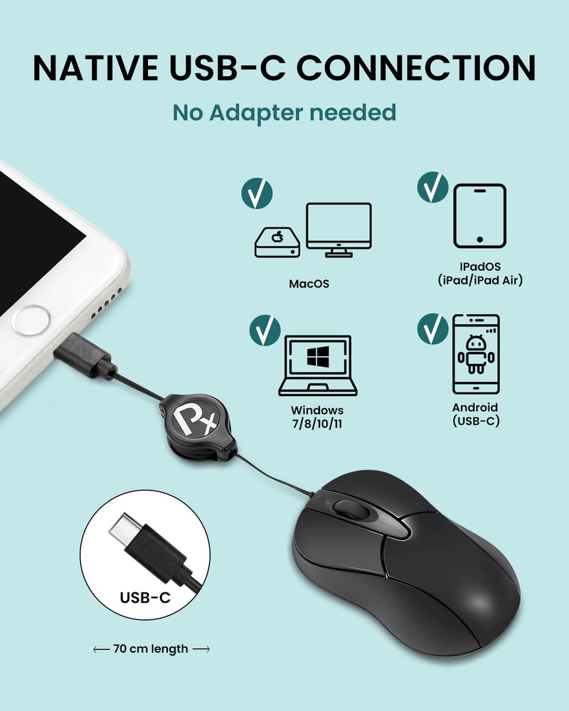 Perixx PERIMICE-405CR Wired Portable USB-C Mouse - Retractable 2.5ft USB-C Cable for Laptop, Tablet, or Smartphone - Silent Click - Black