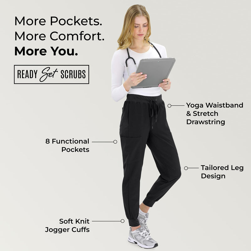 READY SET SCRUBS - Scrub Pants for Women - 2 Pack - Cargo Jogger Pants Set with 8 Pockets - Yoga Waistband - Soft & Stretchy Regular Fit X-Large Black