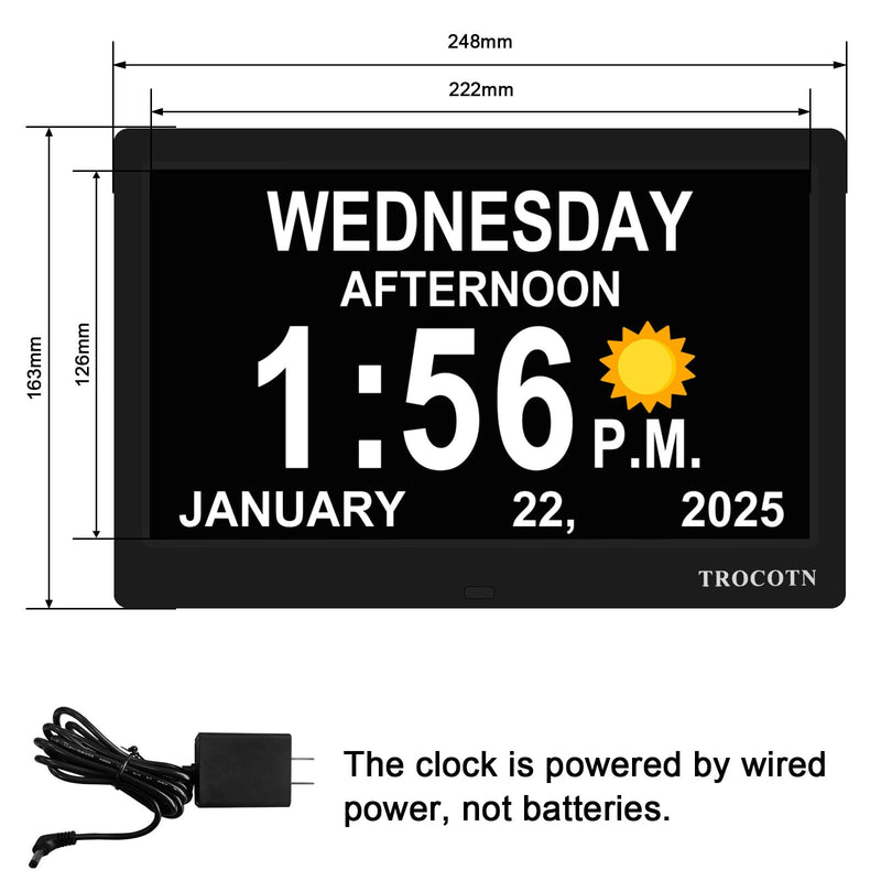 TROCOTN Dementia Clocks, Large Display Calendar Alarm Clock with Auto DST for Seniors, 5 Display Modes Large Font Digital Clock with Custom Alarms Day Date Clocks. (10 Inch Black) 10 inch