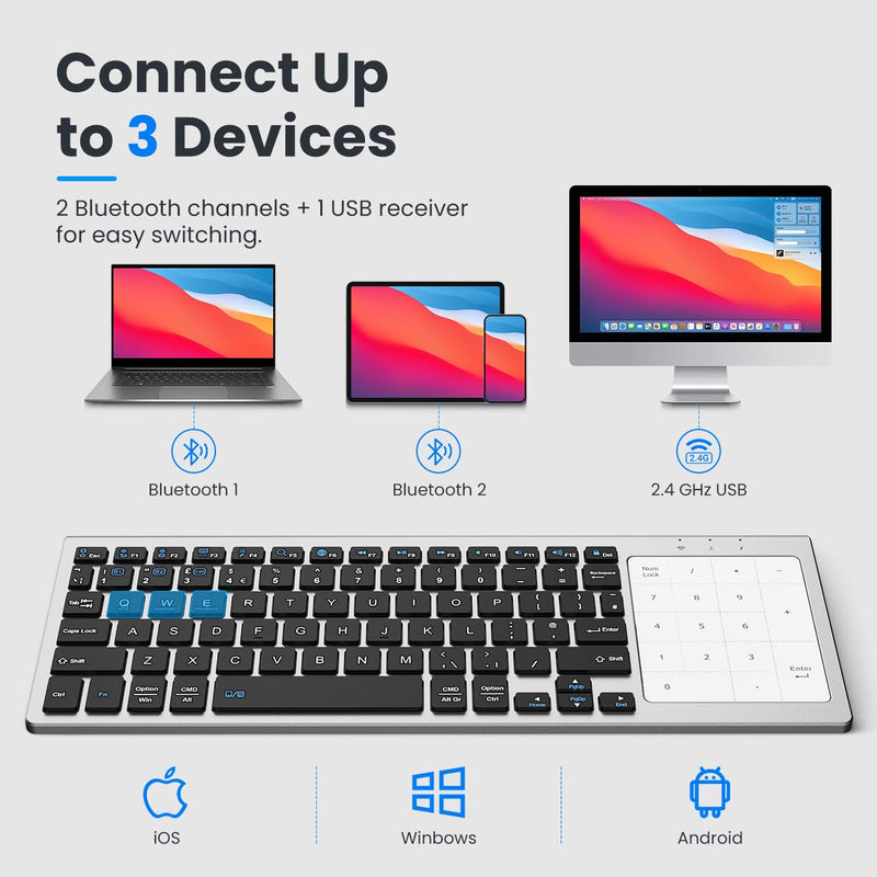 SOPPY Multi-Device Wireless Keyboard with Numeric Touchpad, Mini Bluetooth Keyboard, Stainless Steel Slim Wireless Keyboard with USB Receiver for MacBook/iPad/Tablet/PC/Laptop, QWERTY US Layout