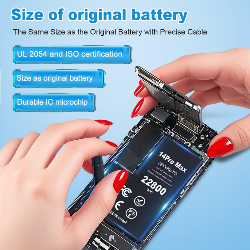 22800mAh Battery for iPhone 14 Pro Max, New 0 Cycle Upgraded Higher Capacity Replacement Battery for iPhone 14 Pro Max with Full Set Repair Tool Kit, Model A2894, A2651, A2893, A2895 14Promax-22800