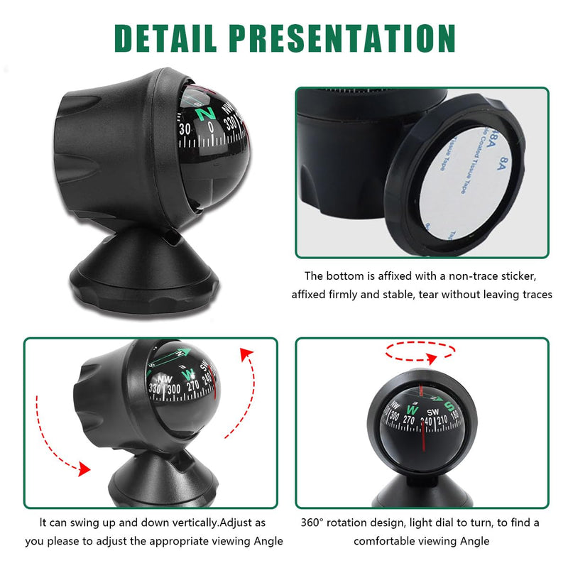 Car Compass Ball, Dash Mount Adjustable Compass Ball with Bottom Stick, Navigation Hiking Direction Pointing Guide Ball for Marine Boat Truck Caravan Outdoor, Universal Car Accessories