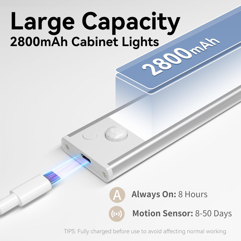 Under Cabinet Lighting, LED Magnetic Motion Activated Under Cabinet Lights, Rechargeable Closet Lights 2800mAh Battery Operated, Wireless Dimmable Under Counter Lights for Kitchen,Hallway 2 Pack 3Pack-13.7inch White Light