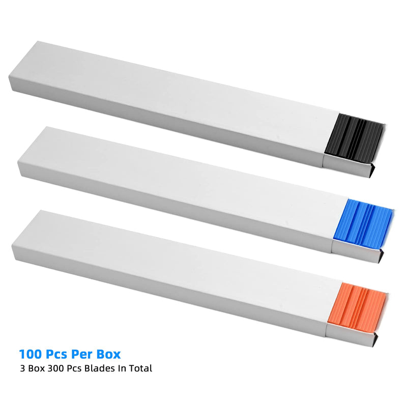 NEWISHTOOL Plastic Blades, Double Edged Plastic Blade, 300 PCS Replacement Blades Fit for Plastic Scraper and Safety Glass Scraper w/Standard Plastic Blades to Remove Label, Decals & Adhesive Residue Orange+black+blue
