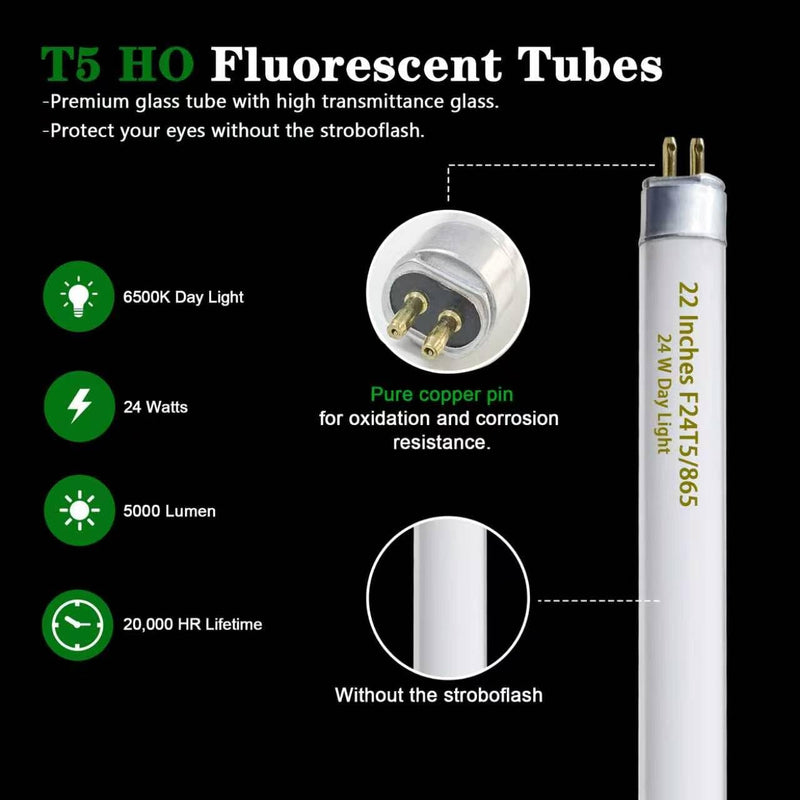 F24T5/865 6 Pack 22 Inch T5 Fluorescent Grow Light Bulbs, 24W 6500K Full Spectrum, 2000 Lumens, High Output (HO) Bulbs for Indoor Plants, Seedlings, Veg Growing, Sunlight White, Energy Efficient 24.0