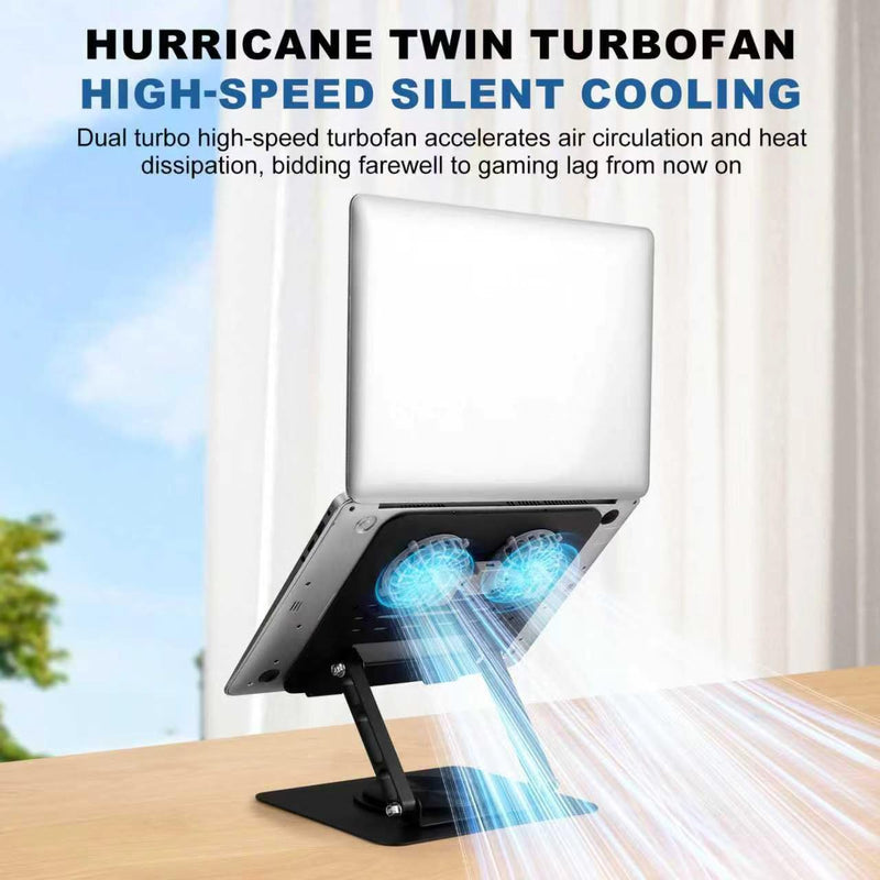 Laptop Cooling Stand with 2 Detachable Fans, 360° Rotating Adjustable Laptop Stand, Carbon Steel Ergonomic Laptop Riser, Anti-Slip Base for 10-17.3" Notebook MacBook, Office Home Gaming Black