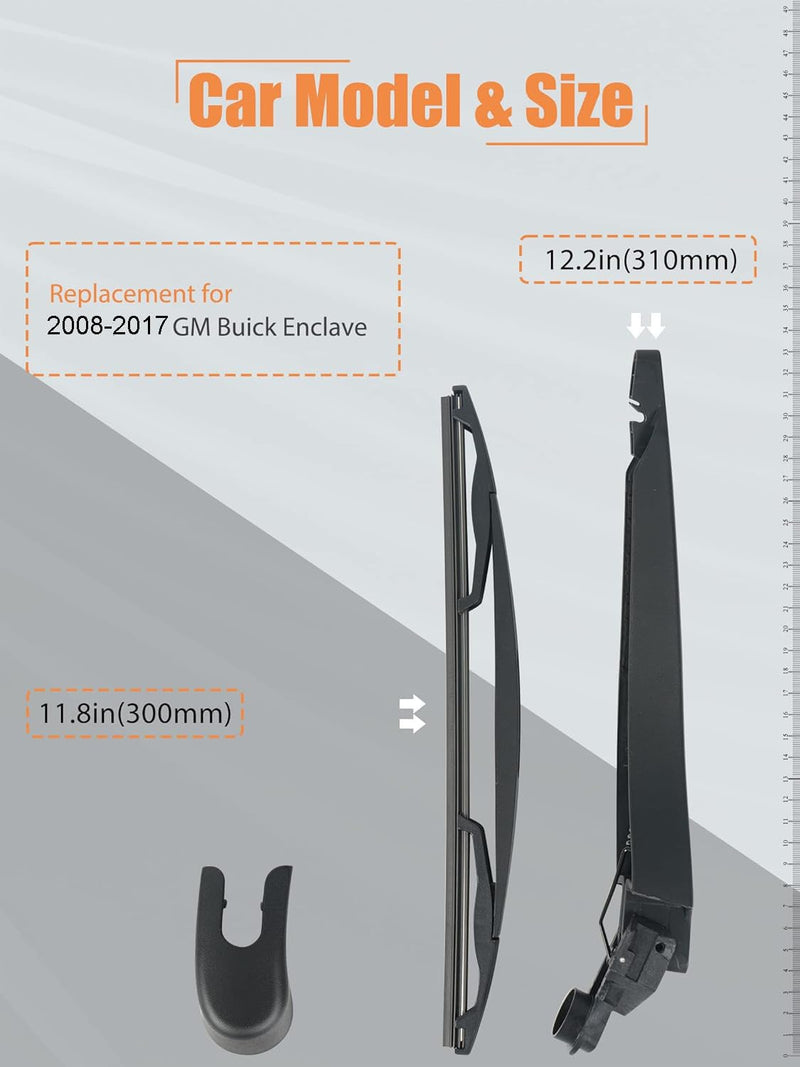 Rear Wiper Arm Blade Assembly, for 2008-2017 Buick Enclave - MIKKUPPA Back Windshield Wiper Replacement - All Season Natural Rubber Cleaning Window Buick Enclave 2008-2015