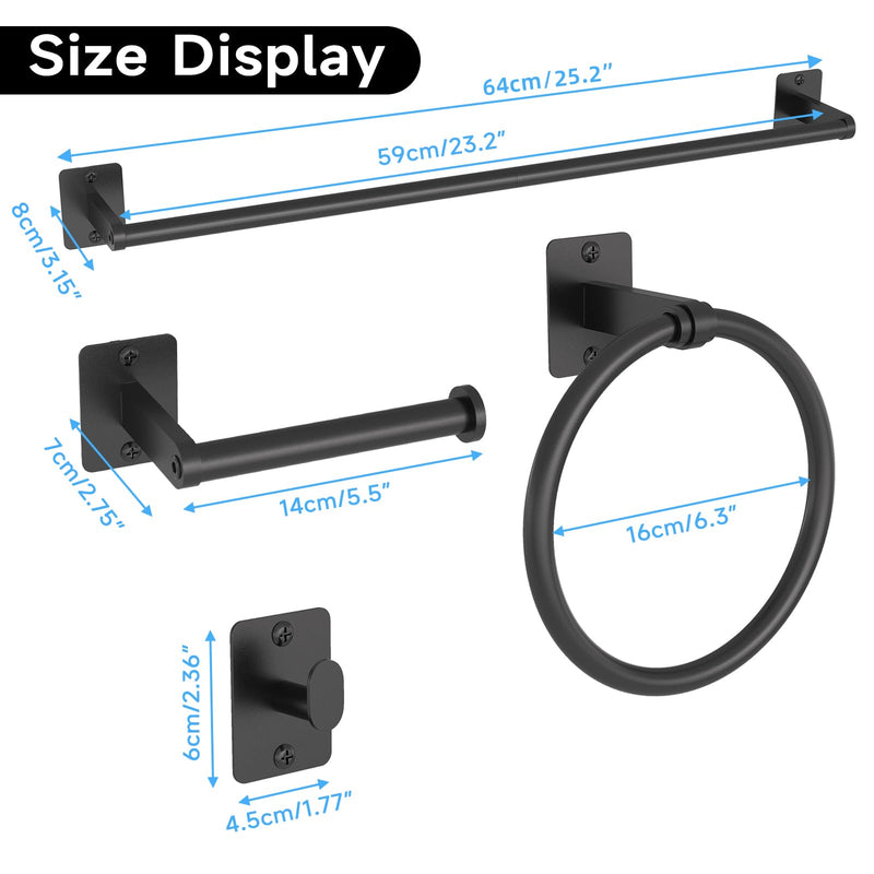 Matte Black Bathroom Accessories Set, KLJKPA 4 Pieces Bathroom Hardware Set, 24 inch Towel Bar, Towel Racks for Bathroom, Robe Towel Hooks, Toilet Paper Holder Wall Mounted Black (4 Piece)