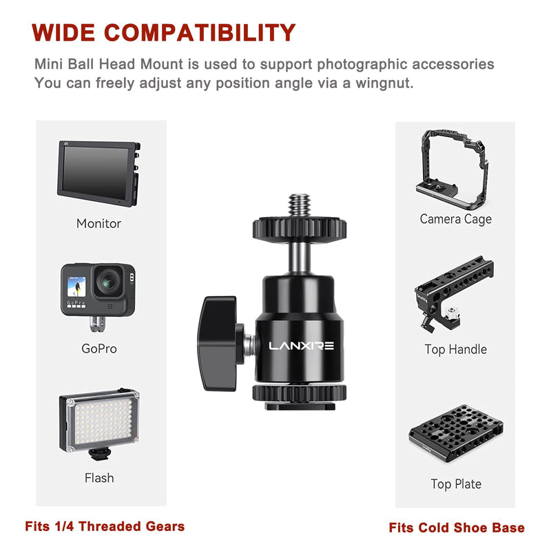 Camera Hot Shoe Mount with 1/4" Screw and Ball Head Adapter - Compatible with Camera, Camcorder, Smartphone, Action Camera, LED Lights, Microphone - 2 Pack