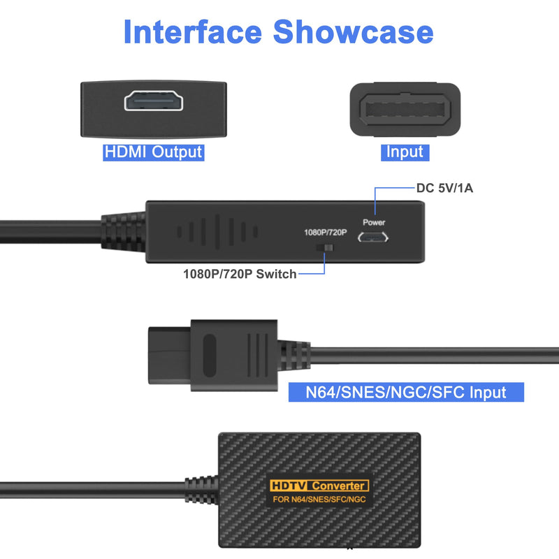 N64 to HDMI Adapter, N64 HDMI, HDMI Converter for N64/Game Cube/SNES/SFC Support 16:9/4:3 Conversion with Link Cable and USB Cable