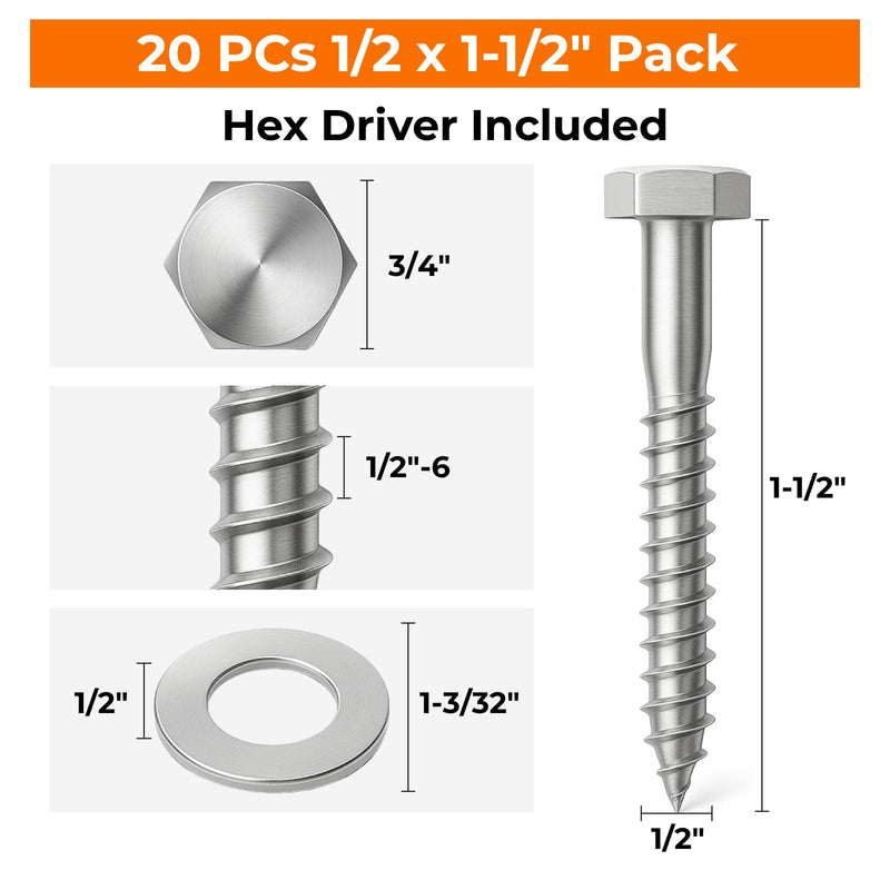1/2 x 1-1/2 Lag Bolts, 20 PCs Heavy Duty 304 Stainless Steel Wood Lag Screws for Deck Framing Outdoor Projects, SS Hex Head 1/2 x 1-1/2" Silver