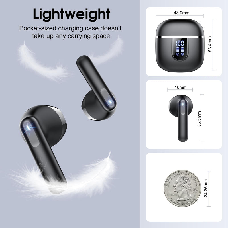Wireless Earbuds, Bluetooth 5.4 Headphones with 3D Bass Stereo Sound, 40H In-Ear Buds with 6 ENC Noise Cancelling Mic, Ultralight Bluetooth Earbuds USB-C LED, IP7 Waterproof Earphones for Android iOS Black
