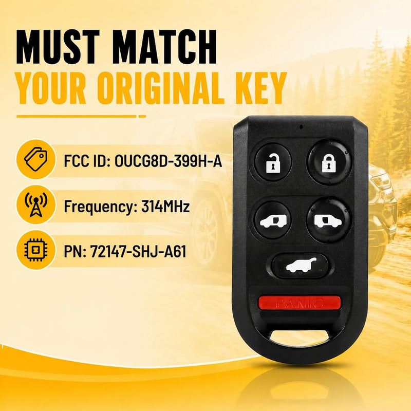Key Fob Replacement Fits for Honda Odyssey 2005 2006 2007 2008 2009 2010 | 6-Button Key Fob Keyless Entry Remote Control (FCC ID: OUCG8D-399H-A, P/N: 72147-SHJ-A61, 314MHz)
