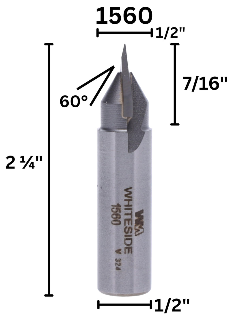 Whiteside 1560 V Groove (60 Degree Included Angle) Router Bit: 1/2 Inch Cutting Diameter, 7/16 Inch Point Length, 1/2 Inch Shank, 2-1/4 Inch Overall Length