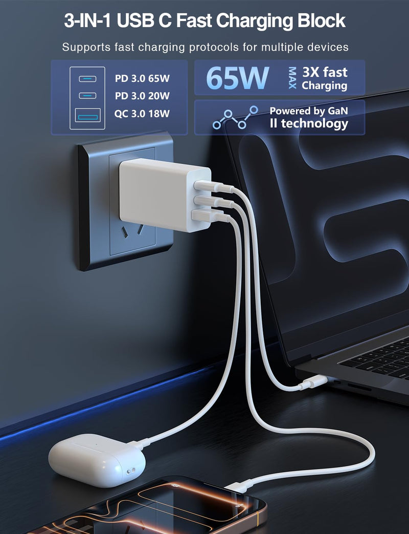 Susnwere 85W Dual USB C Charger Block, 3-Port 100W Fast USB-C Power Adapter Wall Charger Plug Type C Charging Adapter for Laptop & Tablets/Android Phones iPhone 17/16/15 Pro Max, iPad Pro/Air/mini White