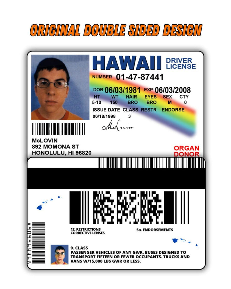 McLovin ID Driver License Superbad/Prank Items/Fake ID License/Double Sided/Great Complement for Costumes/Professional Quality: Funny Car Accesories/Funny Things 1
