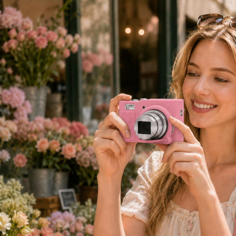 Case for Panasonic LUMIX ZS99/TZ99 with 2-Pack Screen Protector | Removable Lens Cap Silicone Cover with Cute Charm Wrist Strap for Lumix DC-ZS99/TZ99 Case Accessories Pink