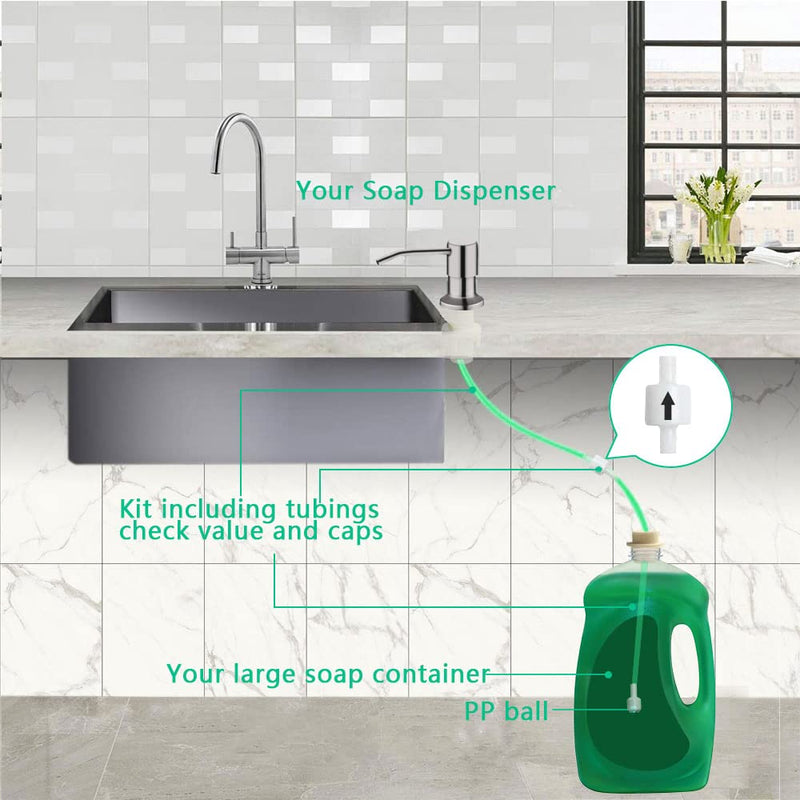 Soap Dispenser for Kitchen Sink, Built in Sink Soap Dispenser (Brushed Nickel), Countertop Soap Dispenser Pump with 47" Extension Tube kit, No Need to Fill Little Bottle Again (Longer Thread Shaft) Brushed Nickel