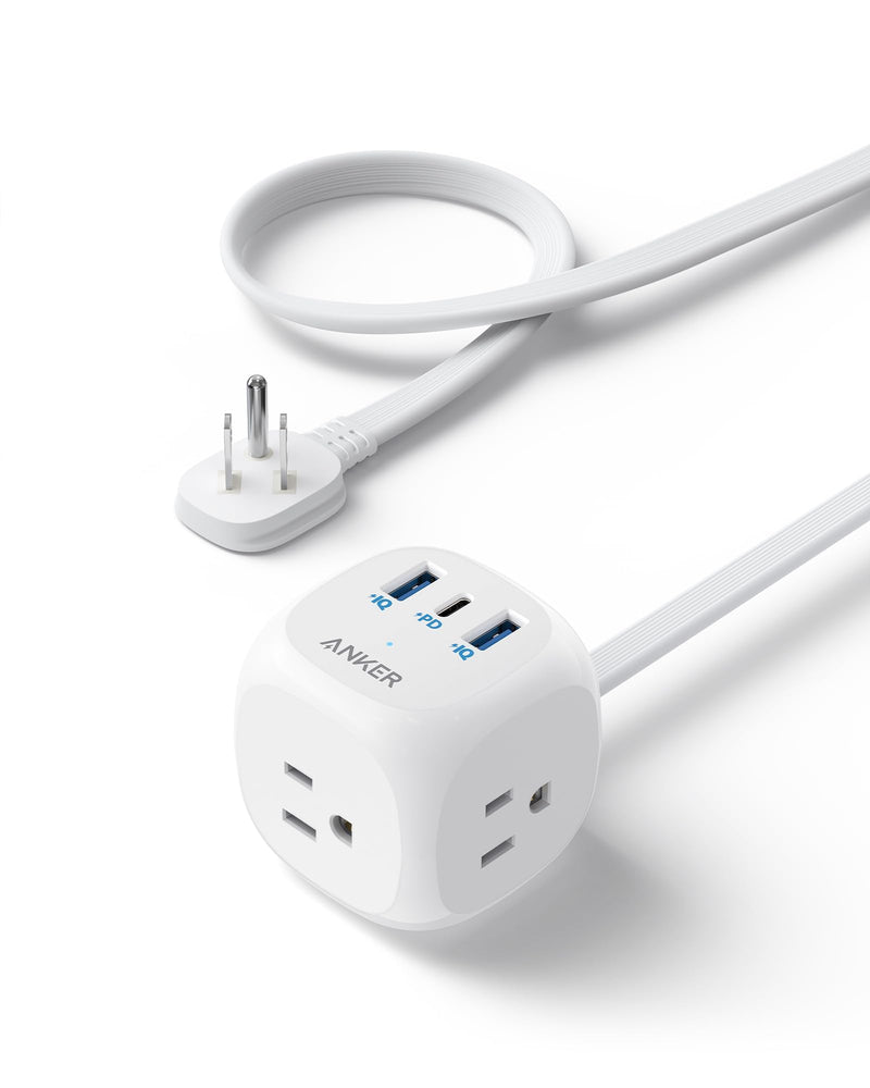 Anker 20W USB-C Power Strip, 321 Power Strip with 3 Outlets and USB-C Charging for iPhone 15/14 Series, 5 ft Thin Cord and Flat Plug, Power Delivery, For Dorms, Home Office, Cruise, Travel, TUV Listed White-Flat Extension Cord