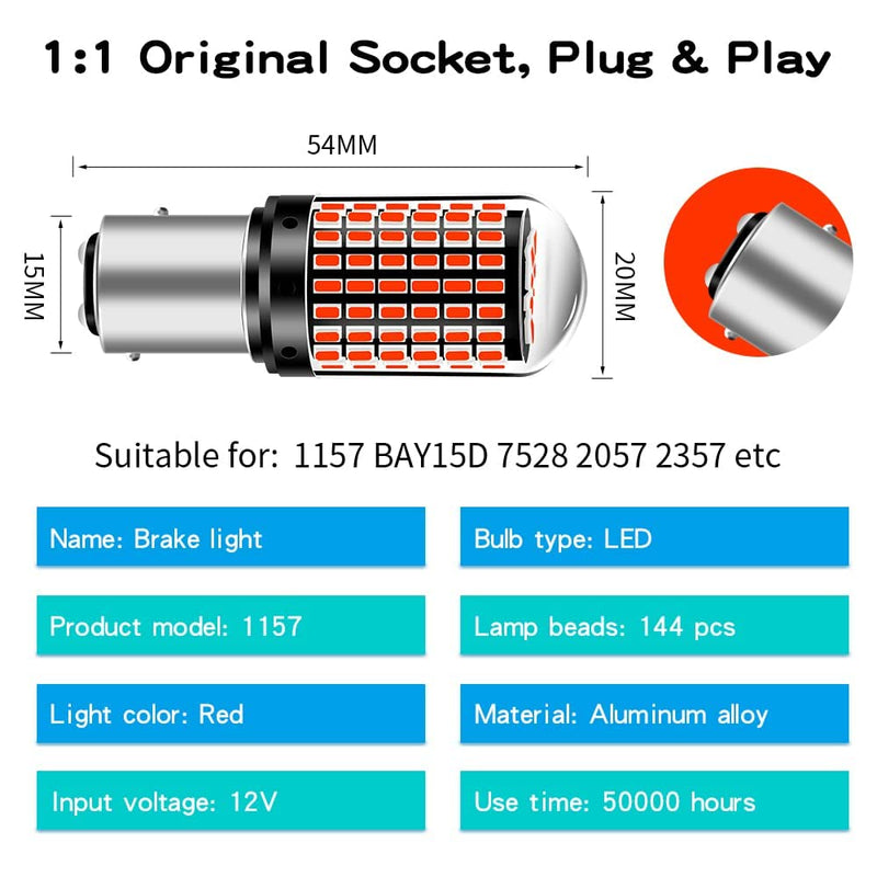 1157 LED Bulbs Red, Brake Stop Light Super Bright 3000 Lumens Error Free Canbus, BAY15D 7528 2057 2357 Automotive Led Tail Rear Light Bulb for Car RV Truck 144SMD (2PCS) 1157