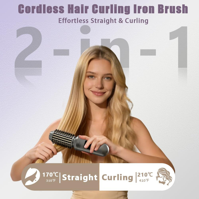 Cordless Hair Curling Iron Brush Rechargeable Battery-Powered, 3-in-1 Portable Hot Straightener Curling Comb 3 Temperature Settings with LCD Display White