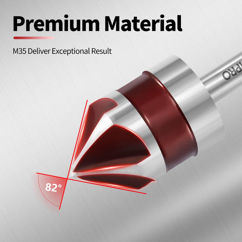 5PCS Cobalt 5-Flute Countersink Drill Bit Set - Heavy-Duty M35 82-Degree Countersink Chamfer Tool Set for Metal,Stainless Steel,Copper,Wood,Fiberboard,Plastic,SAE 3/4”,5/8”,1/2”3/8”,1/4” 5PCS