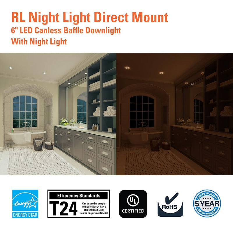 HALO RL 6 in Recessed LED Canless Dual Mode Night Light and Downlight, 1000 Lumens, Selectable CCT 2700K-5000K, Dim to Warm Technology, Matte White - RLNL6109FSD2W1EWHDM 5 CCT with Dim to Warm 6 Inch