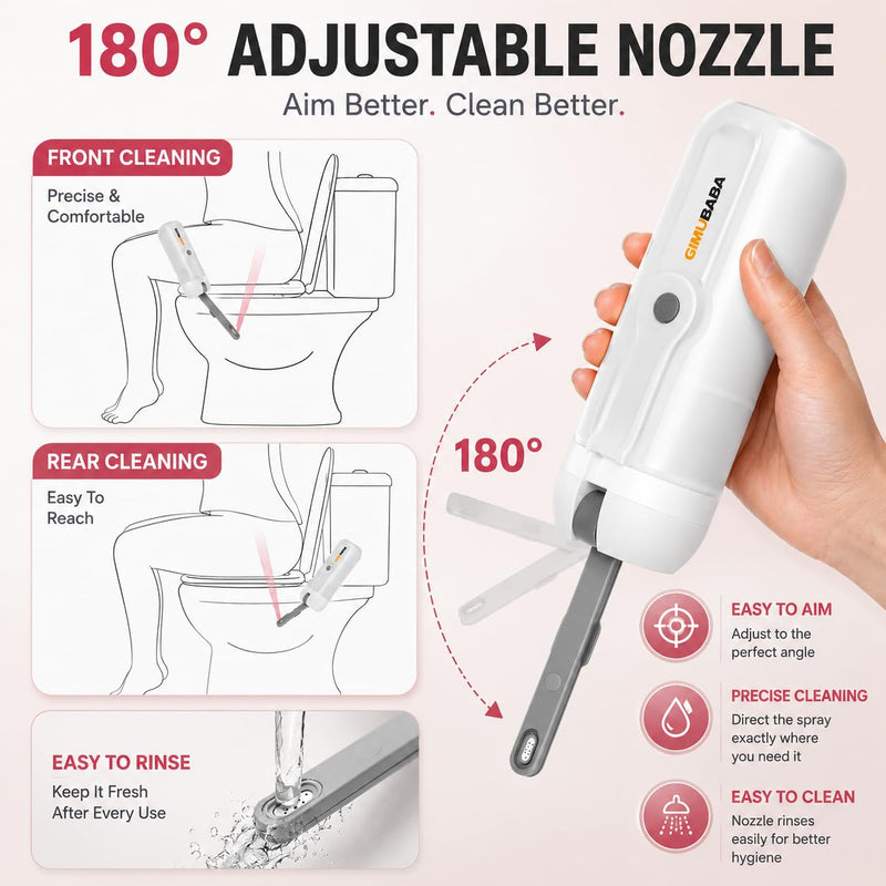 Portable Electric Bidet for Travel with 180° Adjustable Nozzle, Strong Water Pressure- Handheld Rechargeable USB-C Bidet,350ml IPX6 Waterproof Personal Hygiene Cleaner for Postpartum Women, Camping white-grey