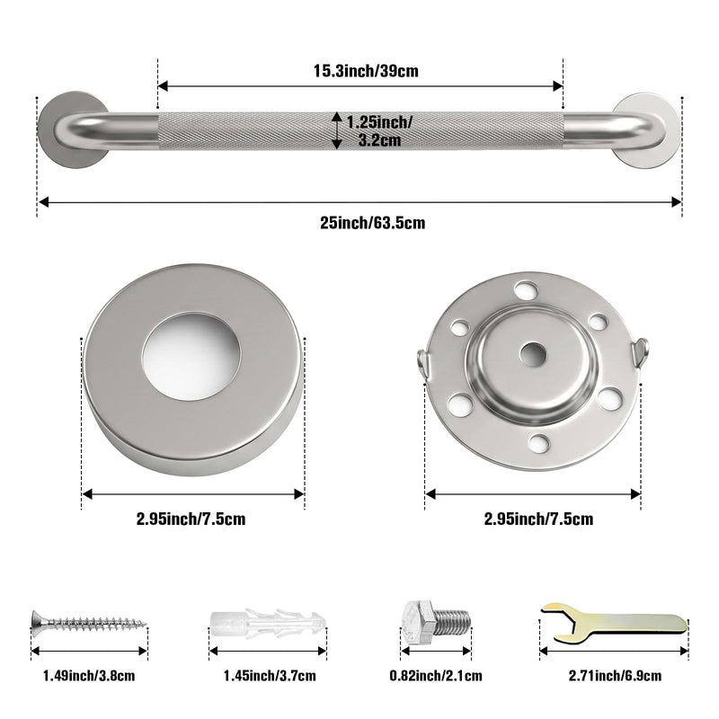 24 Inch Shower Grab Bar for Seniors,1.25'' Diameter 304 Stainless Steel Heavy Duty Anti-Slip Bathroom Safety Handicap Grab Bar for Shower, Bathtub & Toilet Support, Wall Mounted, Supports 500lbs Brushed Nickel 1 Pack 24" L x 1-1/4" D