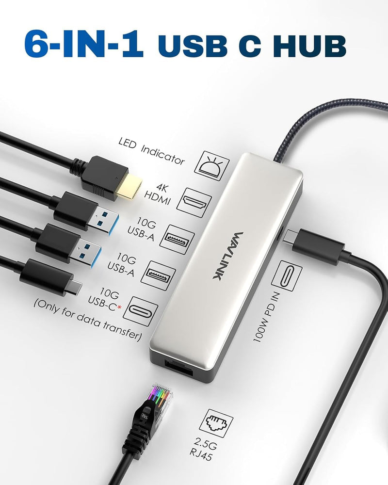 USB C Hub 2.5G Ethernet, WAVLINK 10Gbps USB C 3.2 Hub with 100W Power Delivery, 4K@120Hz HDMI 2.1, 3*USB3.2 Gen 2, 2.5G RJ45 Ports, Fit for MacBook Pro/Air iPad Dell HP Lenovo Asus Acer UHP3414-PRO