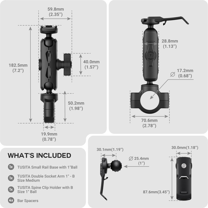 TUSITA Motorcycle GPS Mount - Holder Compatible with Garmin Handheld GPS - Double Socket Arm Medium, Handlebar Base Medium Arm