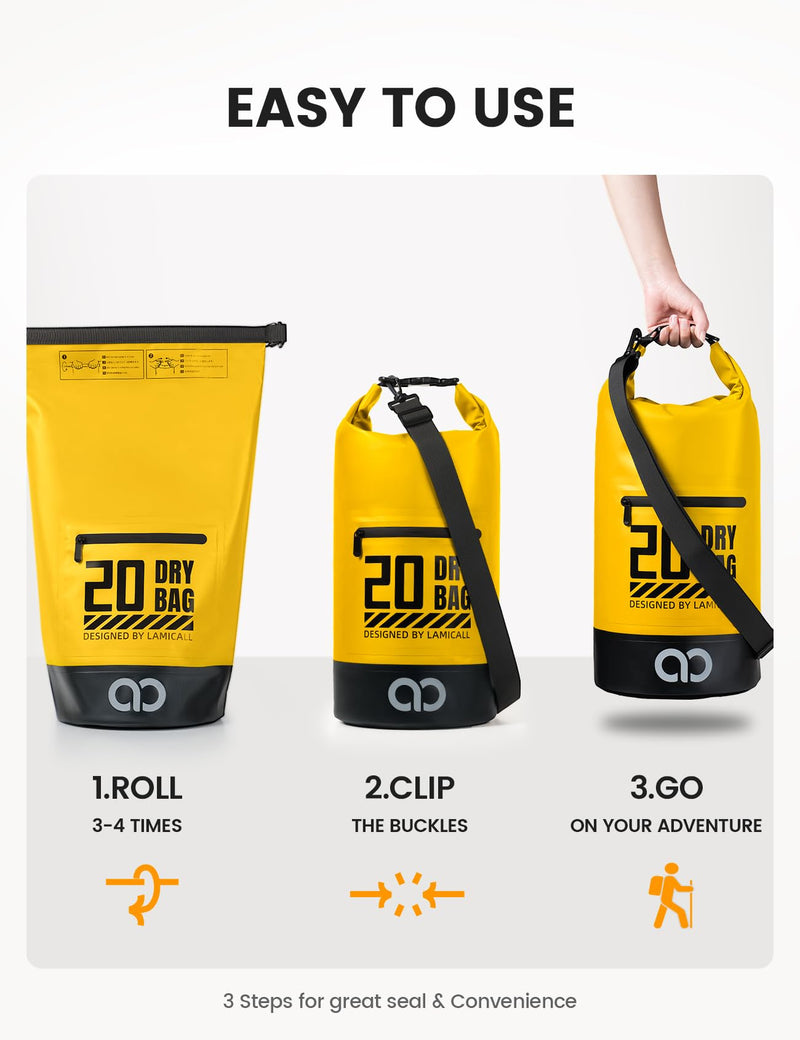 Lamicall Waterproof Dry Bag with Phone Pouch - 5L/10L/20L/30L/40L Floating Roll Top Backpack for Kayaking Boating Beach Camping Fishing - Heavy Duty 500D PVC Marine Dry Sack for Men,Women, Yellow 20L Lemon Yellow