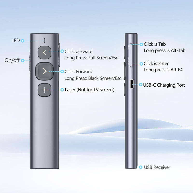 Norwii N95 Bluetooth Presentation Clicker with USB-A Receiver, PowerPoint Clicker for Presentation Remote, Rechargeable Wireless Presenter Pointer, Slide Clicker for PC/Laptop/e-Book(Green, BLE&USB-A) Green Light