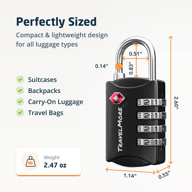 Luggage Locks TSA Approved, 4-Digit Travel Combination Locks | TSA Accepted, Easy to Use, Compact, Lightweight, Durable, Zinc Alloy Body, for Suitcases, Backpacks, Zippers, 5-Pack, Black 5 Pack
