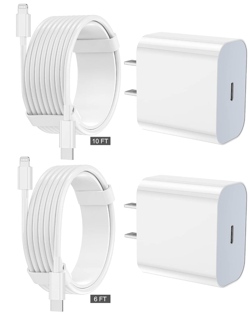 iPhone Charger fast charging 2 pack Type C Wall Charger Block with 2 pack [6FT&10FT] Long USB C to lightning cable for iPhone 14/13/12/12 Pro Max/11/Xs Max/XR/X,AirPods Pro charger+6ft+10ft White