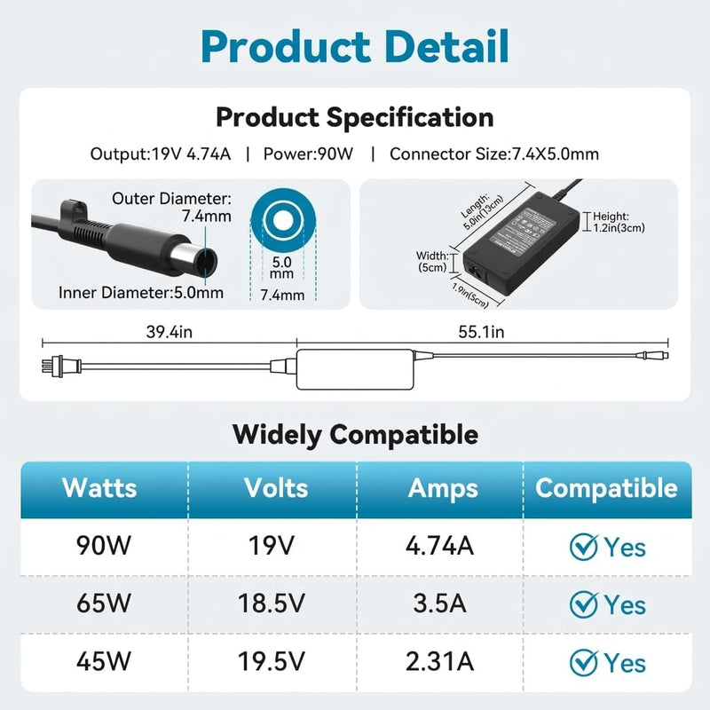 90W AC Adapter for HP EliteDesk 705 800 805 G1-G6 Mini, for HP ProDesk 600 | for HP ProDesk 260 400 405 600 G1-G6, 400 G9 Mini Desktop, 19V 4.74A 7.4x5.0mm Power Supply