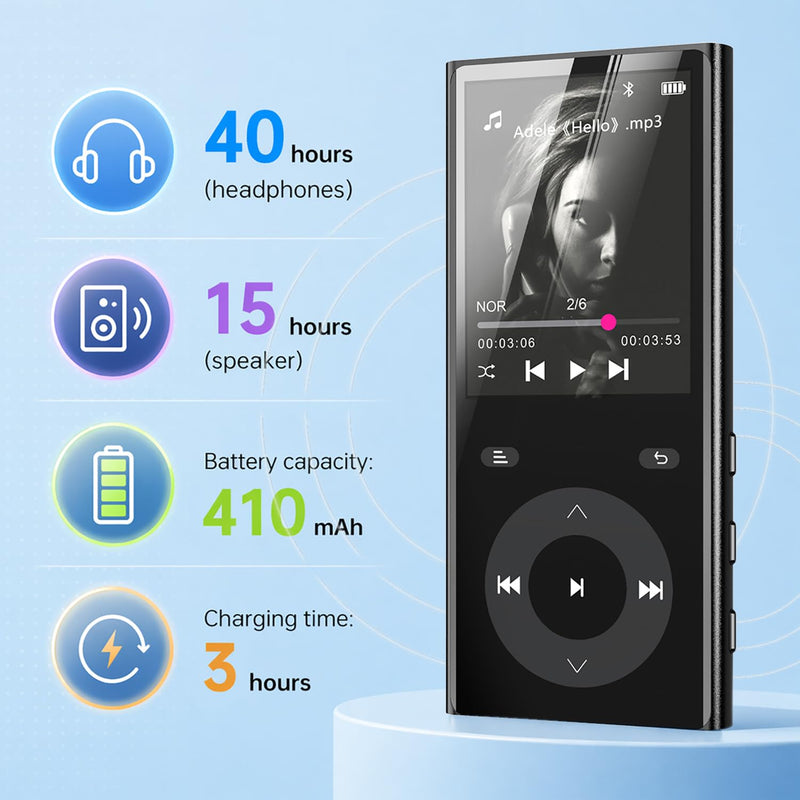 90GB MP3 Player with Bluetooth 5.3, Music Player with 2 TF Card Slots | 2.4" Color Screen, Touch Buttons, MP3 Player for Kids Built-in Speaker, HiFi Sound, Supports up to 256GB, Earphones Included 90 GB